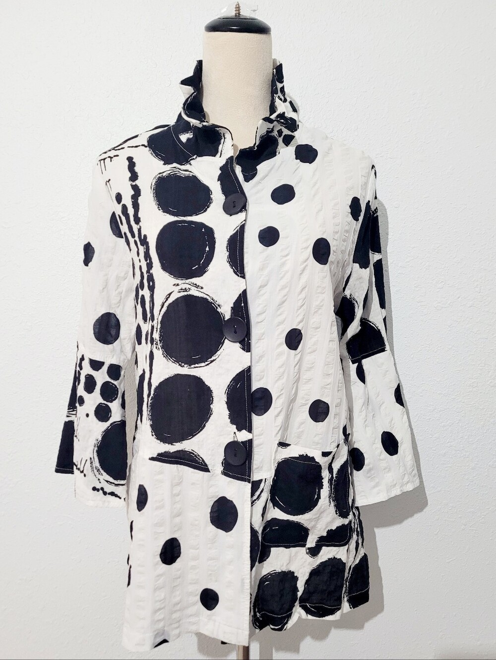 Damee Tunic Top Medium Black White Polka Dot Textured Art To Wear Jacket Shirt - Picture 2 of 12